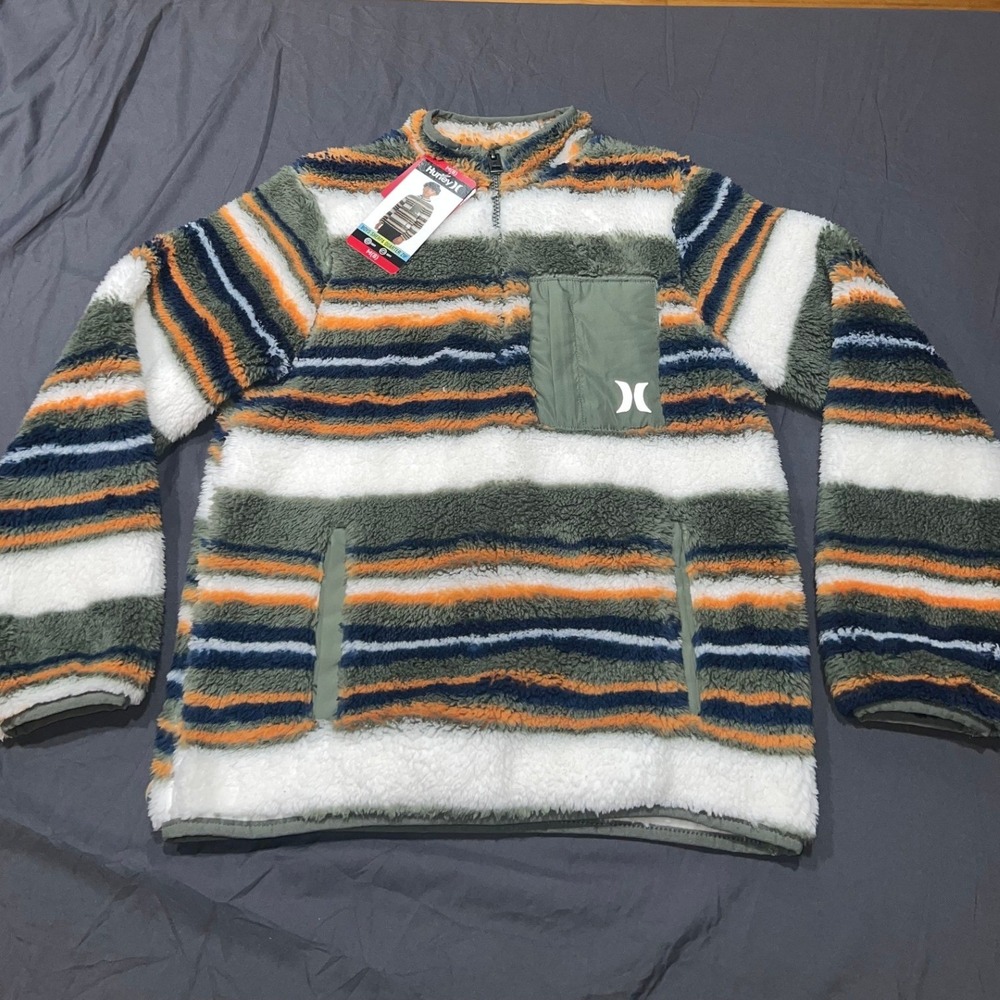 Hurley Boys Sherpa Quarter Zip Fleece Pullover Striped Green Orange Blue M 8